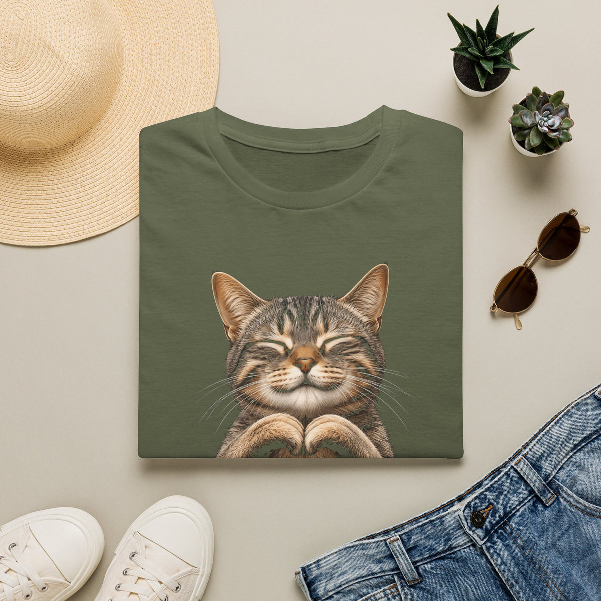 Smiling Tabby Cat Heart Pose T-Shirt