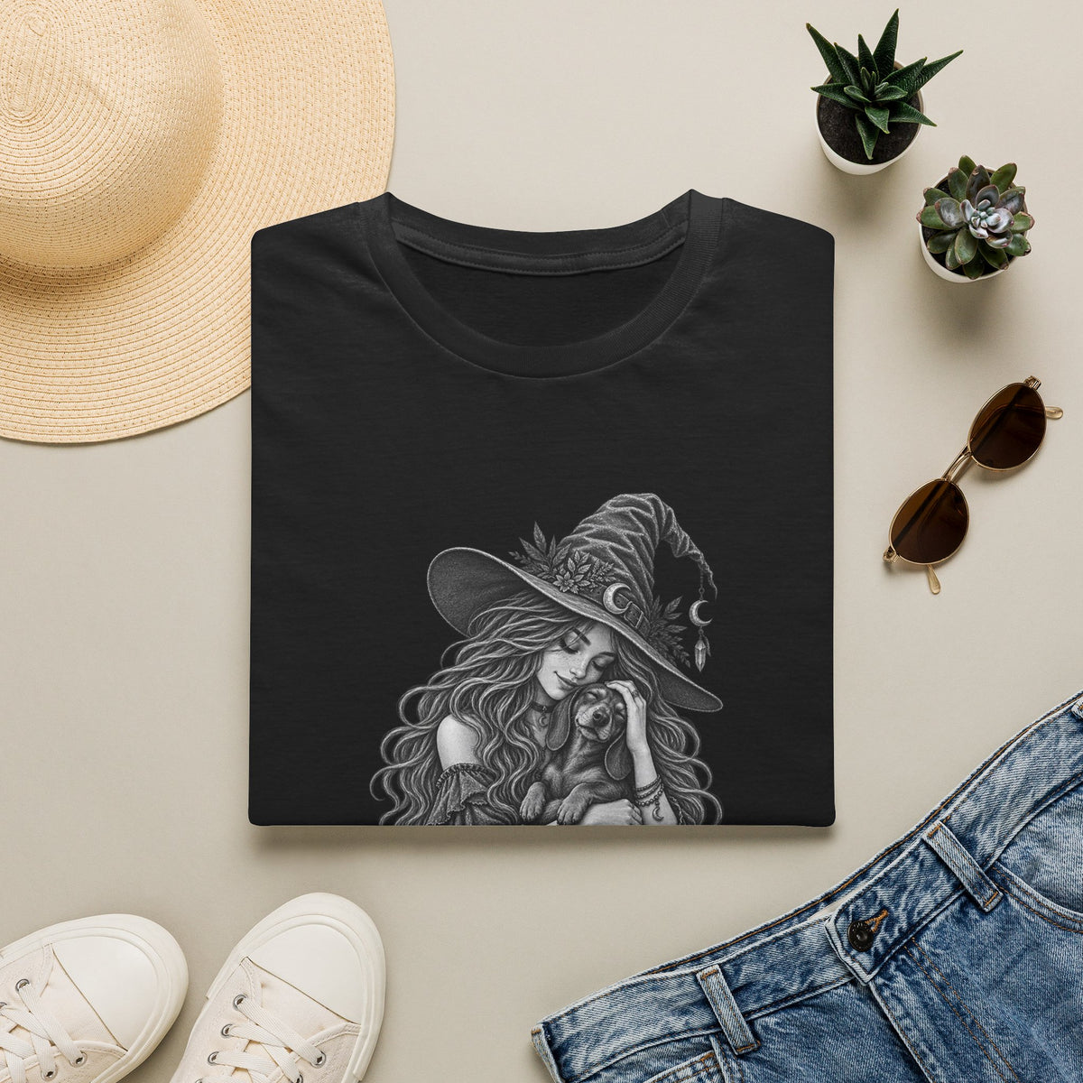 Witch Girl petting a dog Graphic T-Shirt — Witch Illustration Tee