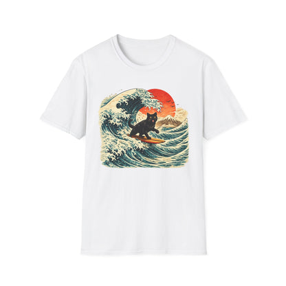 Surfing Black Cat T-Shirt — Vintage Wave Sunset Tee