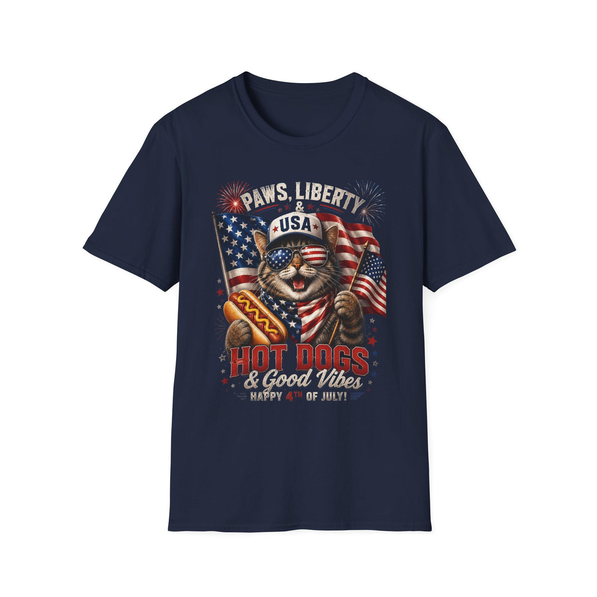 Paws, Liberty & USA Cat T-Shirt — Patriotic 4th of July Cat Graphic Tee