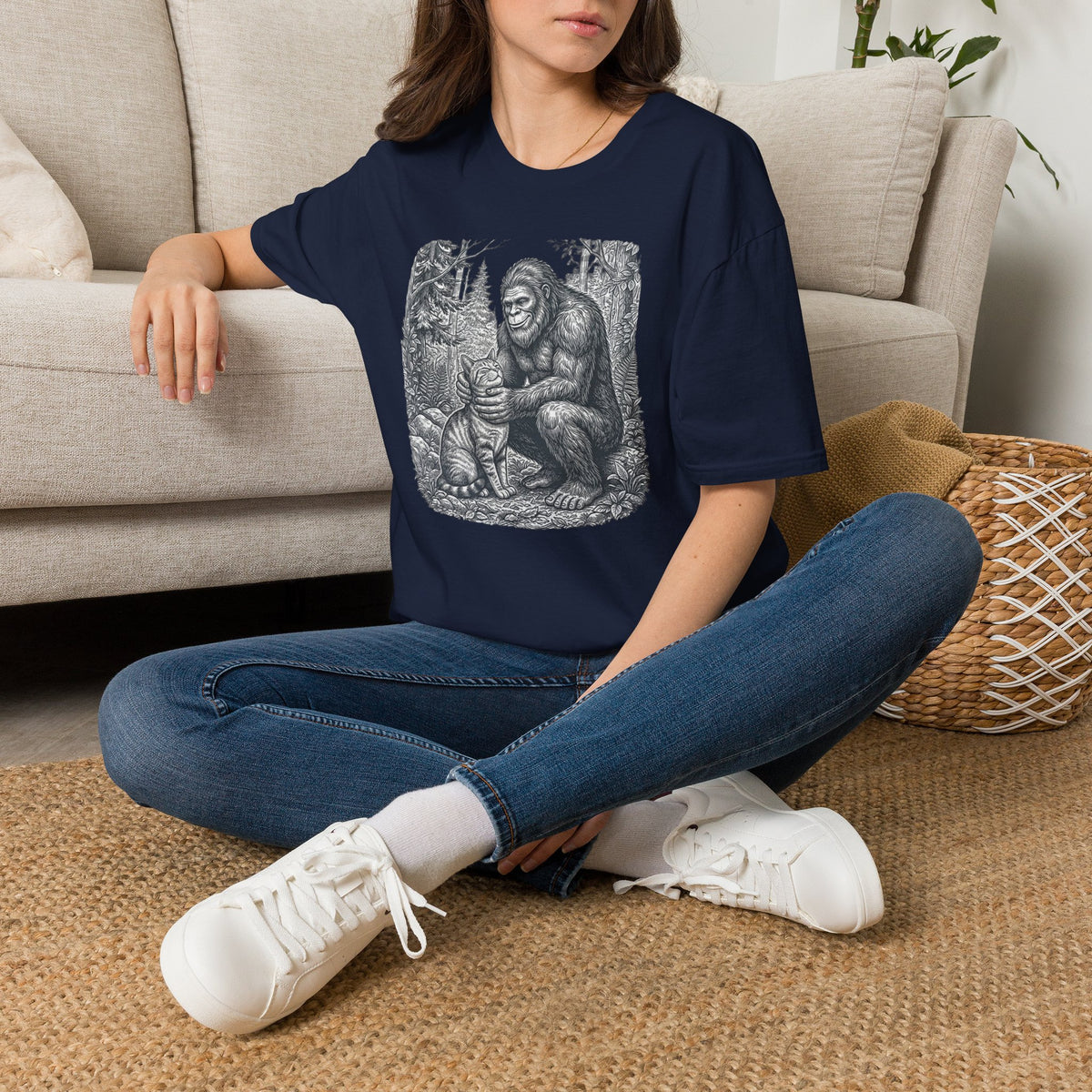 Bigfoot & Cat T-Shirt — Vintage Sasquatch Forest Illustration