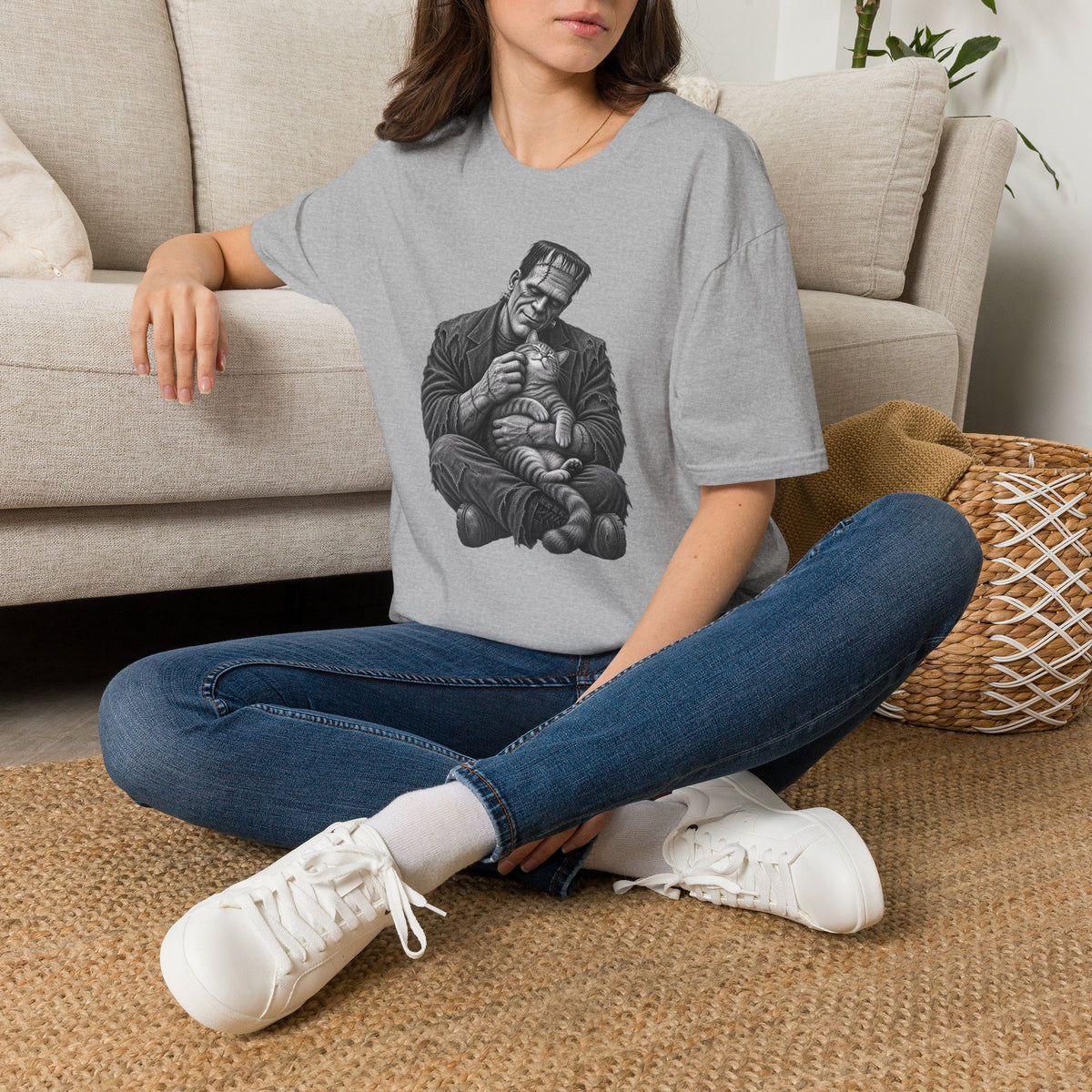 Frankenstein Holding Kitty T-Shirt — Cute Gothic Horror Tee