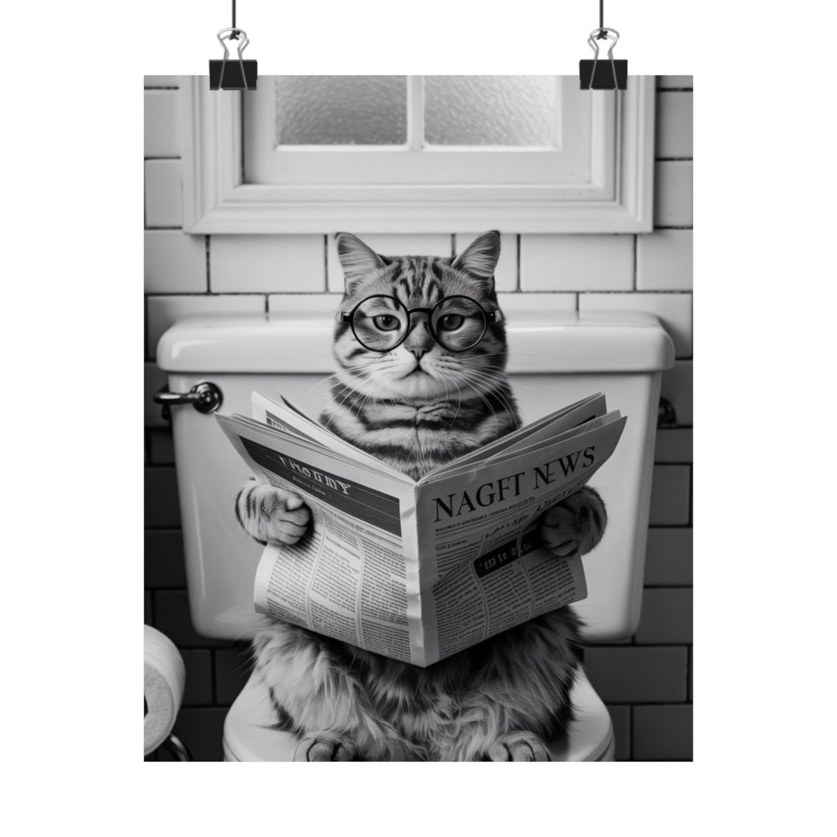 Digital download Cat Reading Newspaper Poster — Funny Black & White Matte Vertical Wall Art