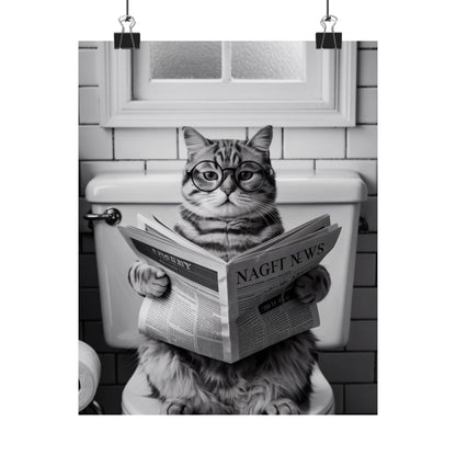 Digital download Cat Reading Newspaper Poster — Funny Black & White Matte Vertical Wall Art