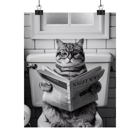 Digital download Cat Reading Newspaper Poster — Funny Black & White Matte Vertical Wall Art