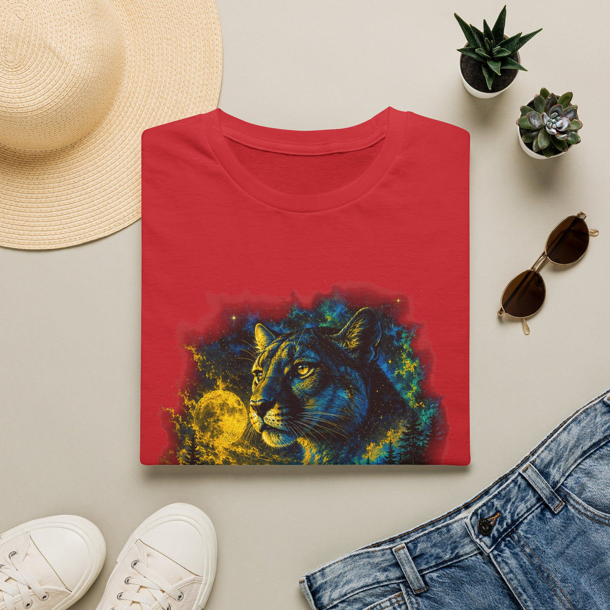 Moon T-Shirt — Neon Cosmic Big Cat Graphic Tee