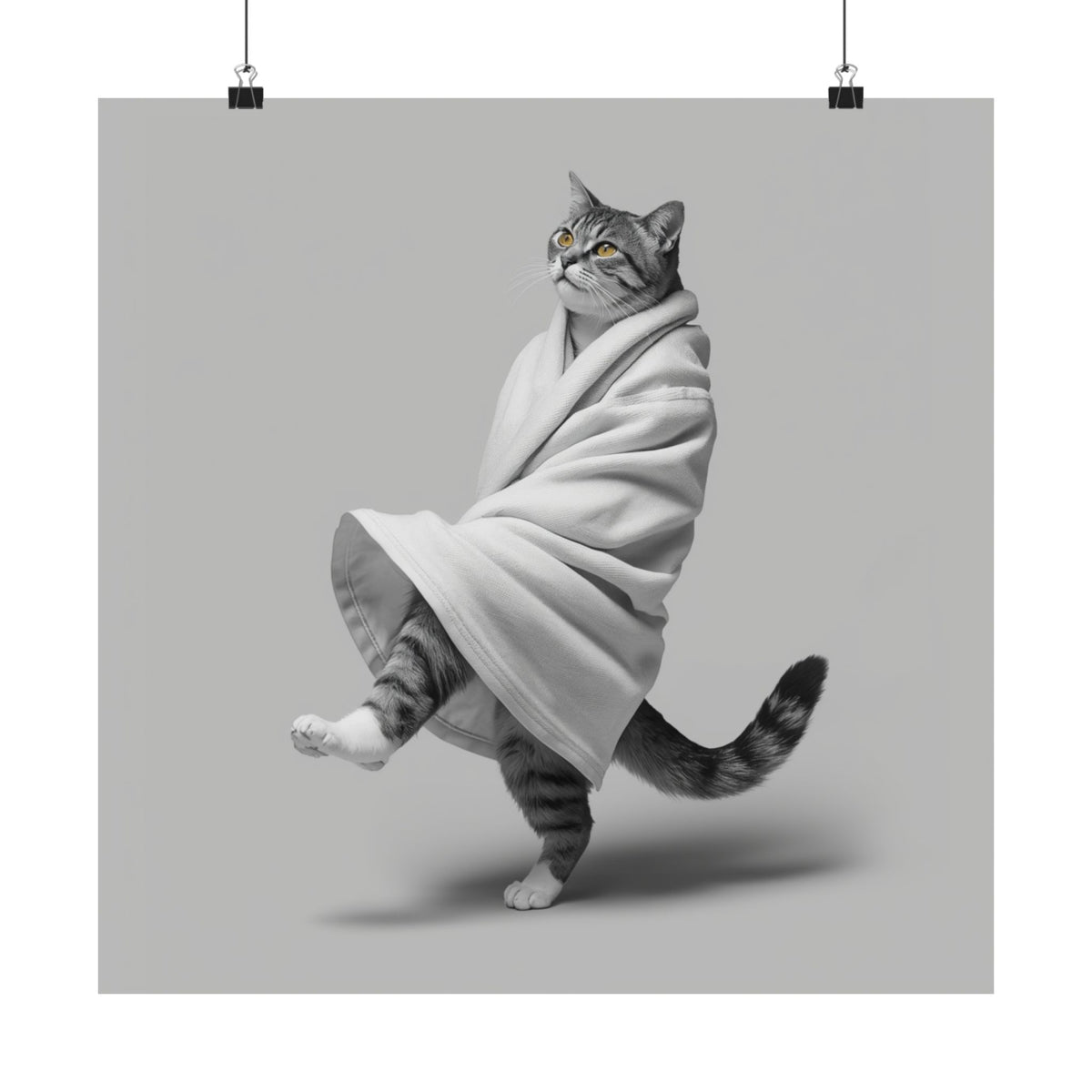 Digital download Dancing Cat Poster — Whimsical Cat Wrapped in Blanket Matte Print