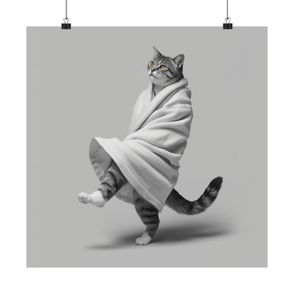 Digital download Dancing Cat Poster — Whimsical Cat Wrapped in Blanket Matte Print