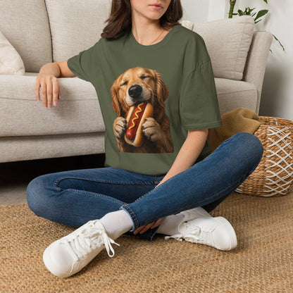 Golden Retriever Hot Dog T-Shirt — Cute Dog Eating Hotdog Graphic Tee