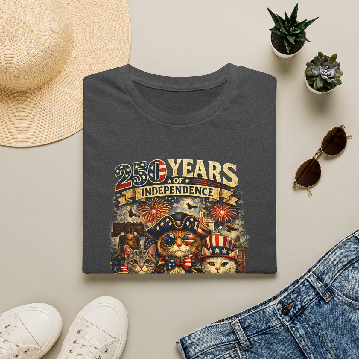 T-Shirt — "250 Years of Independence" Patriotic Cat Fourth of July Tee