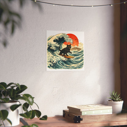 Surfing Black Cat Poster — Vintage Japanese Wave Art Print