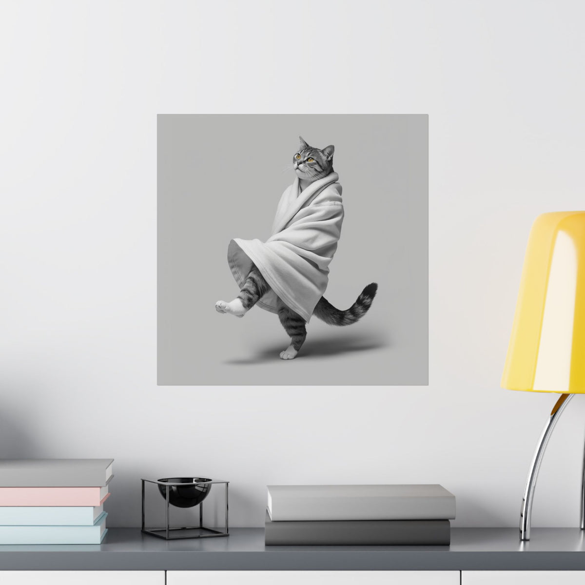 Digital download Dancing Cat Poster — Whimsical Cat Wrapped in Blanket Matte Print