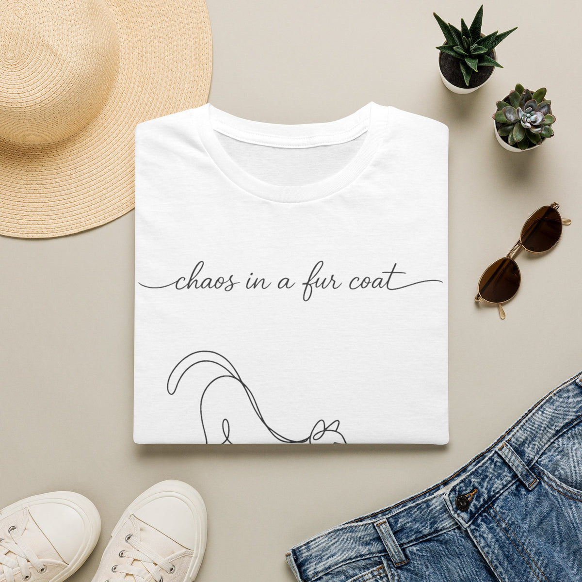 Cat Line Art T-Shirt — "chaos in a fur coat" Minimalist Cat Shirt