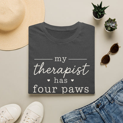 Pet Lover T-Shirt — "My Therapist Has Four Paws" Cute Dog & Cat Therapy Tee