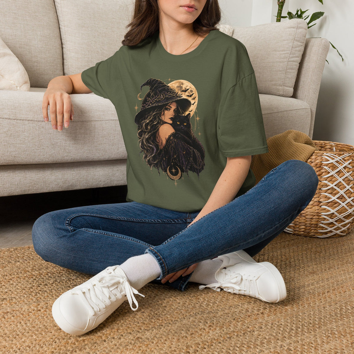 Witch & Black Cat Moon T-Shirt — Mystical Halloween Graphic Tee