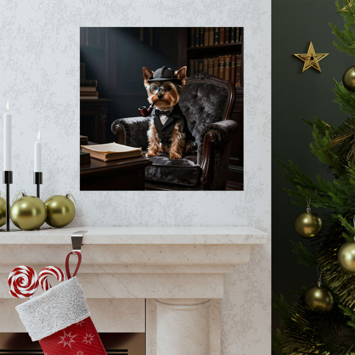 Digital download Detective Yorkie Matte Poster — Vintage Dog Portrait Wall Art