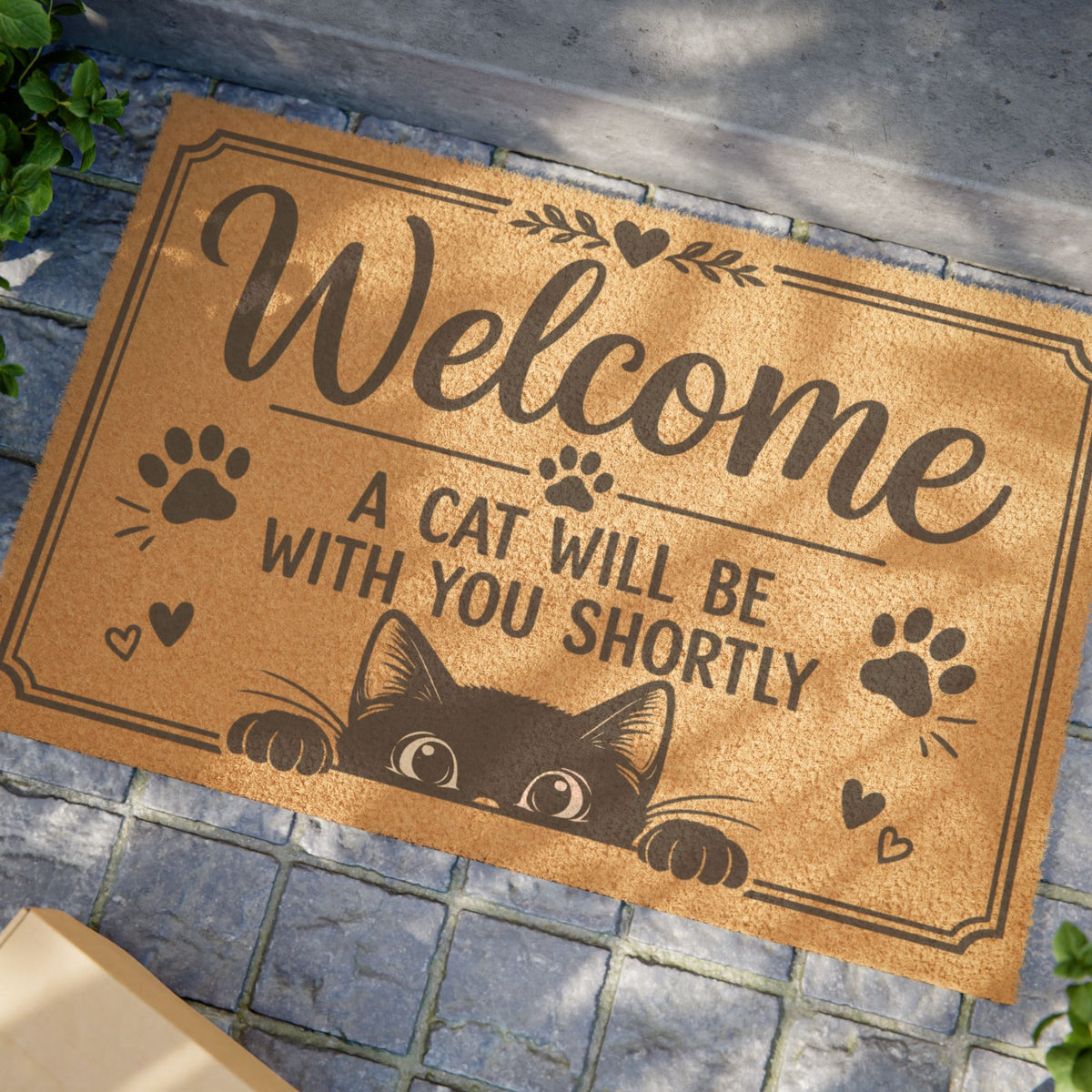 Welcome Doormat — "A Cat Will Be With You Shortly" Cute Cat Paw Welcome Mat