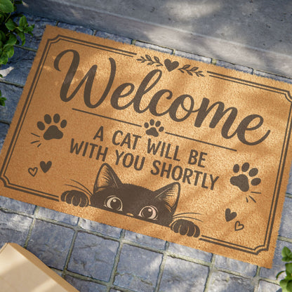 Welcome Doormat — "A Cat Will Be With You Shortly" Cute Cat Paw Welcome Mat