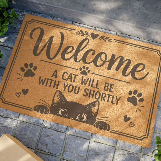 Welcome Doormat — "A Cat Will Be With You Shortly" Cute Cat Paw Welcome Mat