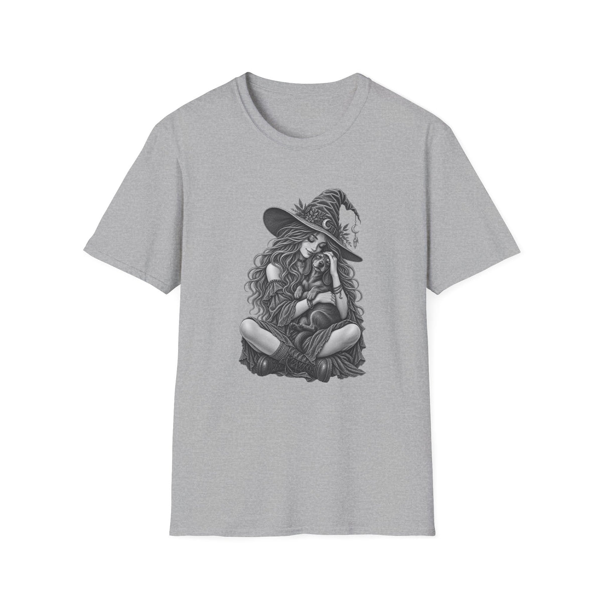 Witch Girl petting a dog Graphic T-Shirt — Witch Illustration Tee