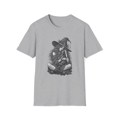 Witch Girl petting a dog Graphic T-Shirt — Witch Illustration Tee