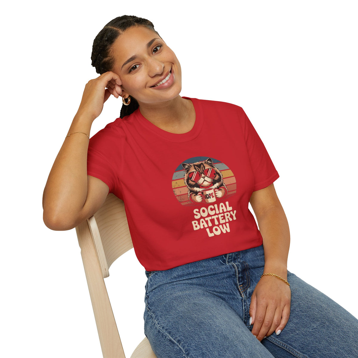 Social Battery Low Cat Retro Graphic T-Shirt