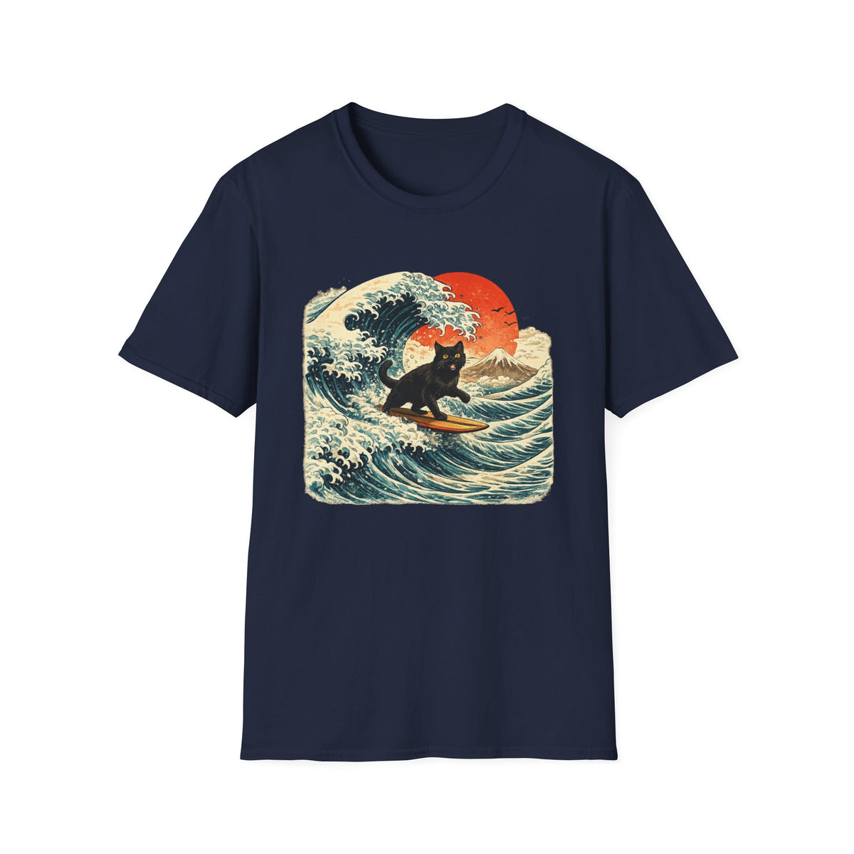 Surfing Cat T-Shirt — Retro Wave Japanese-Style Sunset Graphic Tee