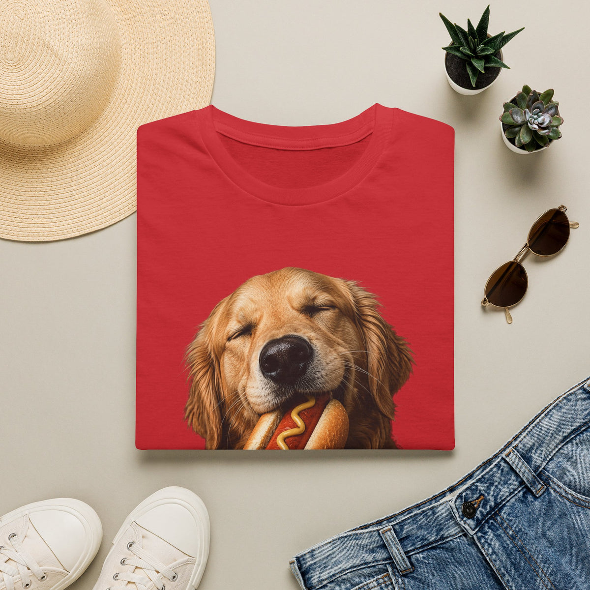 Golden Retriever Hot Dog T-Shirt — Cute Dog Eating Hotdog Graphic Tee