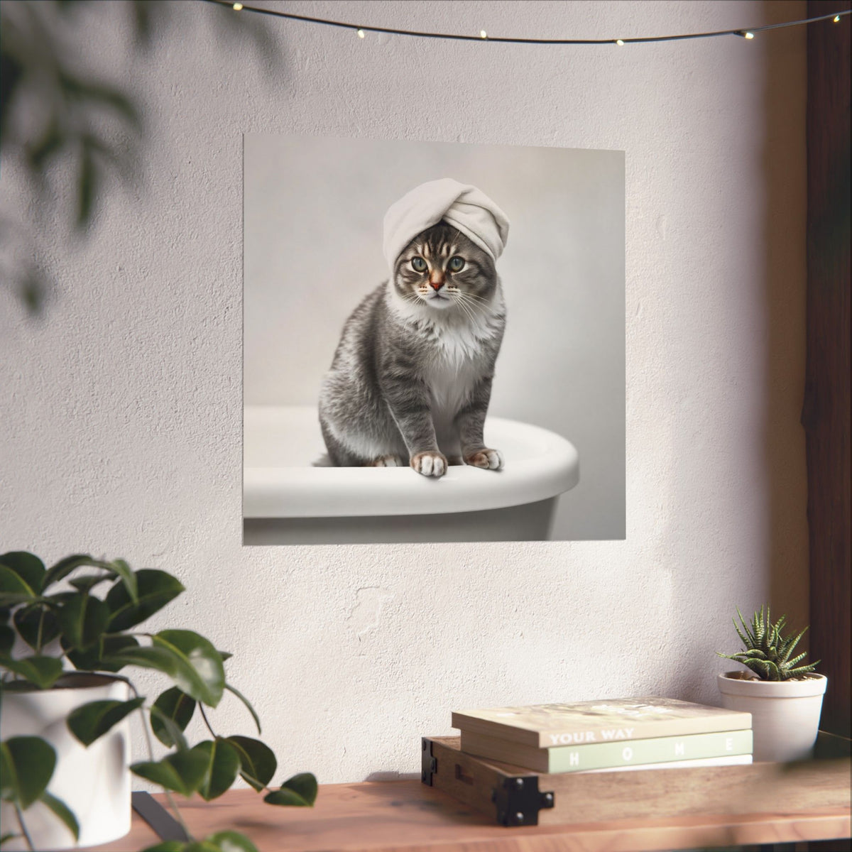 Digital download Cat Spa Poster — Cute Grey Cat with Towel on Bathtub Matte Vertical Art Print