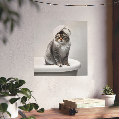 Digital download Cat Spa Poster — Cute Grey Cat with Towel on Bathtub Matte Vertical Art Print