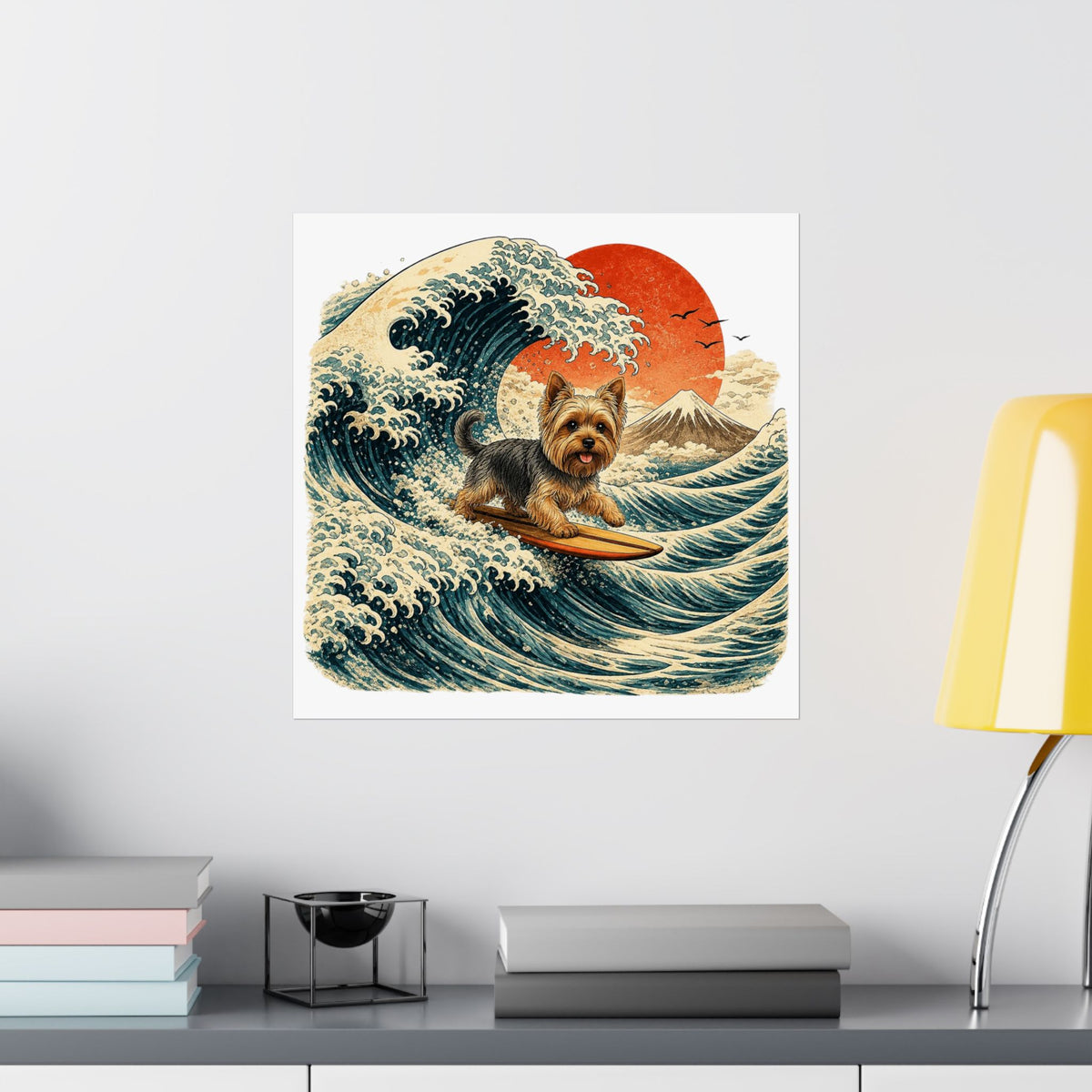 Surfing Yorkie Poster — Vintage Wave Art Matte Vertical Print