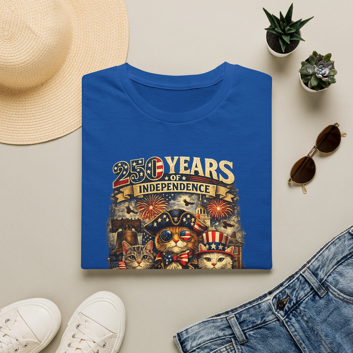 T-Shirt — "250 Years of Independence" Patriotic Cat Fourth of July Tee