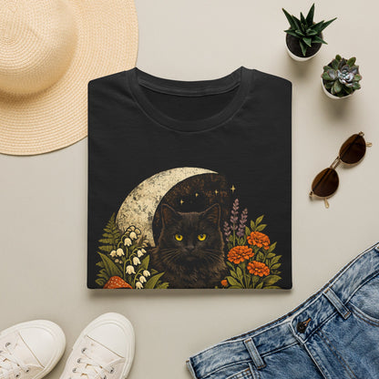 Garden Witch's Companion Cat T-Shirt — Moon, Marigold & Lily of the Valley Graphic Tee