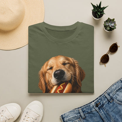 Golden Retriever Hot Dog T-Shirt — Cute Dog Eating Hotdog Graphic Tee