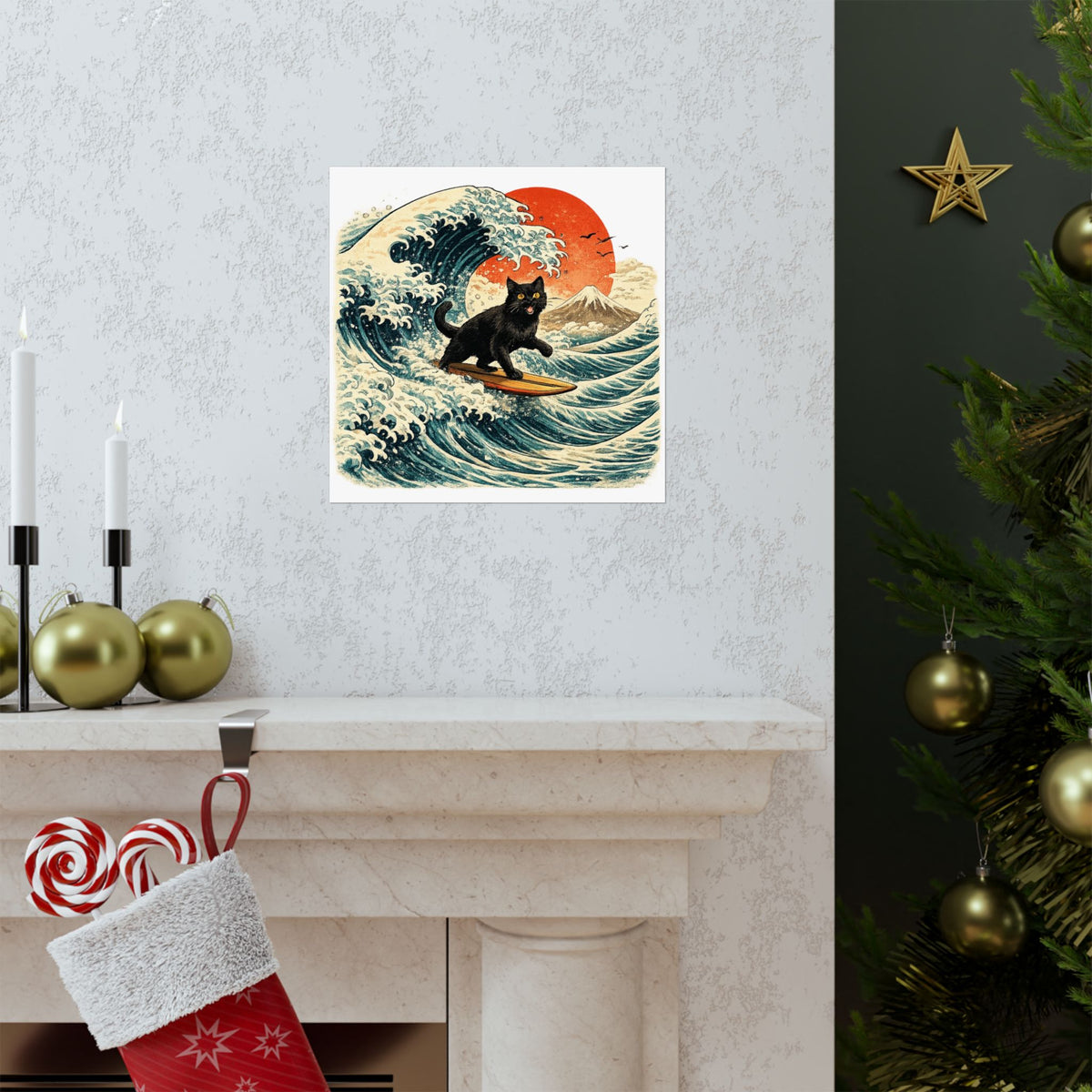 Surfing Black Cat Poster — Vintage Japanese Wave Art Print