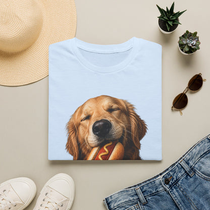 Golden Retriever Hot Dog T-Shirt — Cute Dog Eating Hotdog Graphic Tee
