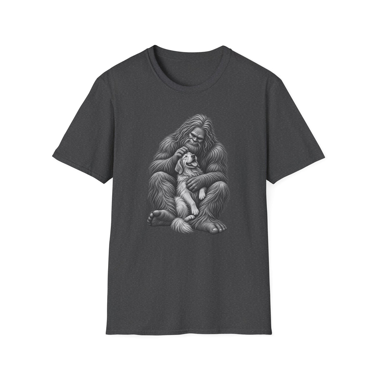 Bigfoot & Puppy Tee — Gentle Sasquatch Holding Dog Graphic T-Shirt