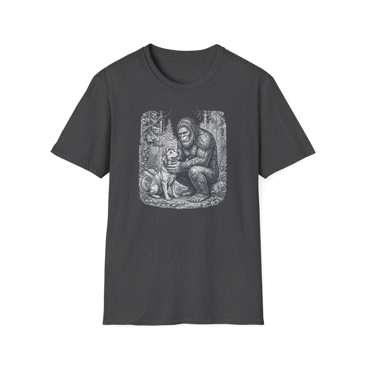 Bigfoot & Dog Graphic T-Shirt — Retro Wilderness Sasquatch Design