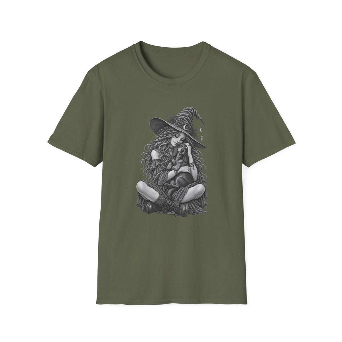 Witch Girl petting a dog Graphic T-Shirt — Witch Illustration Tee