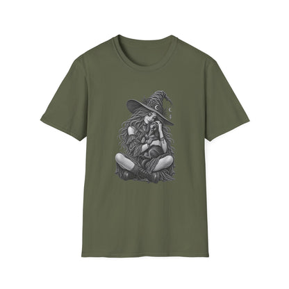 Witch Girl petting a dog Graphic T-Shirt — Witch Illustration Tee