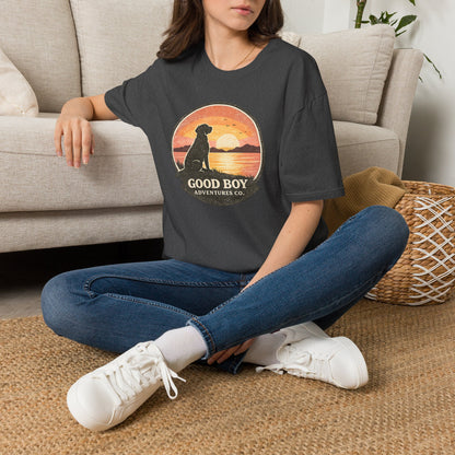 Dog Sunset T-Shirt — "Good Boy" Retro Beach Graphic Tee