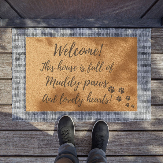 Doormat — "Welcome! This home’s full of muddy paws and lovely hearts" Pet Paw Print Welcome Mat