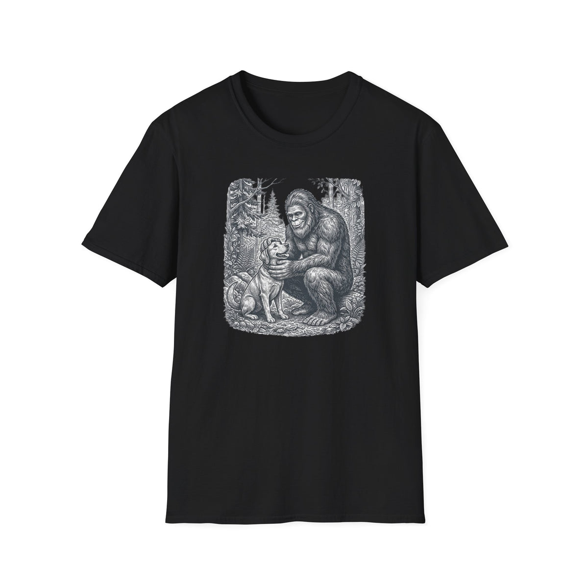 Bigfoot & Dog Graphic T-Shirt — Retro Wilderness Sasquatch Design