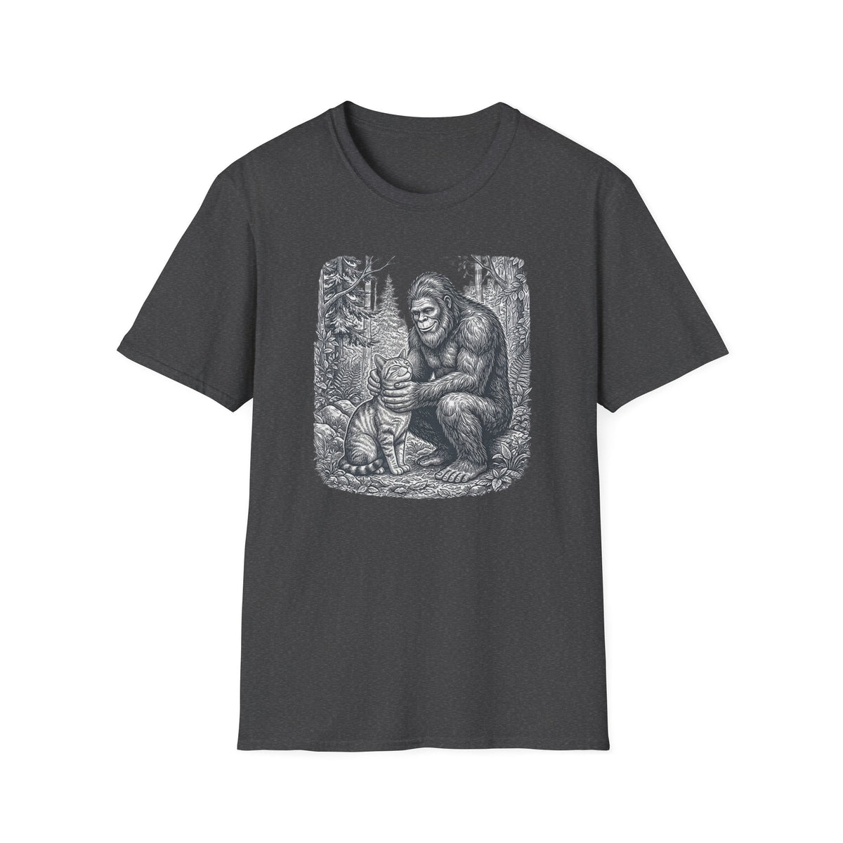 Bigfoot & Cat T-Shirt — Vintage Sasquatch Forest Illustration