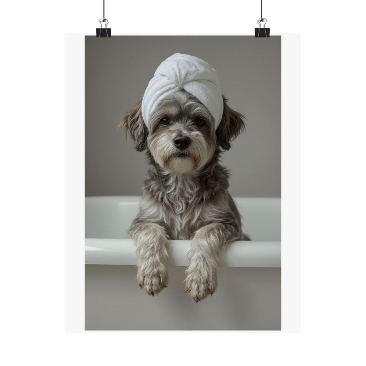 Dog Spa Poster — Cute Puppy in Towel Matte Vertical Wall Art