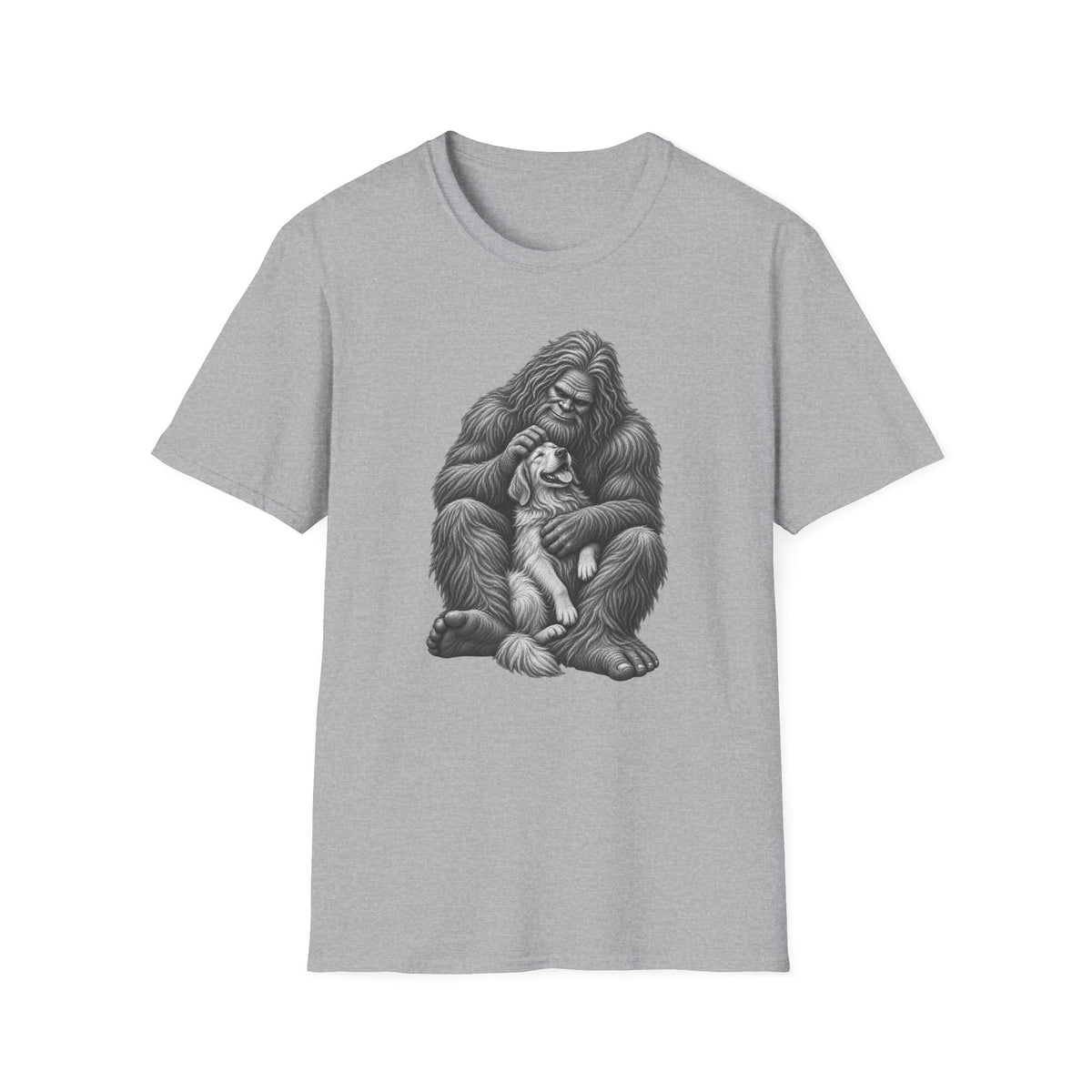 Bigfoot & Puppy Tee — Gentle Sasquatch Holding Dog Graphic T-Shirt