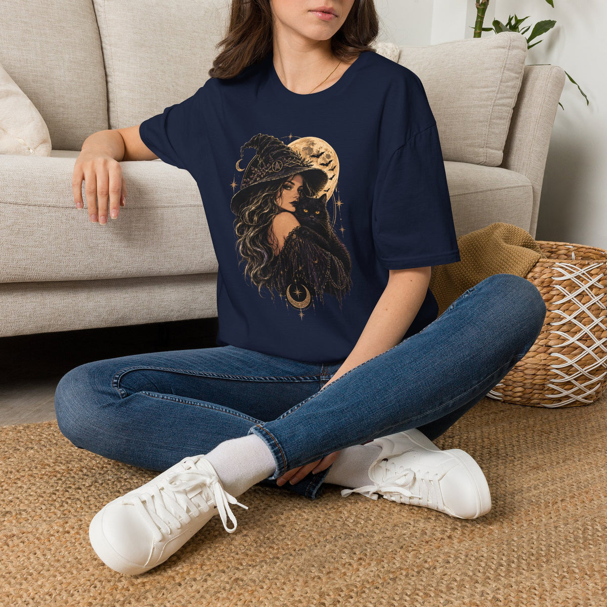 Witch & Black Cat Moon T-Shirt — Mystical Halloween Graphic Tee