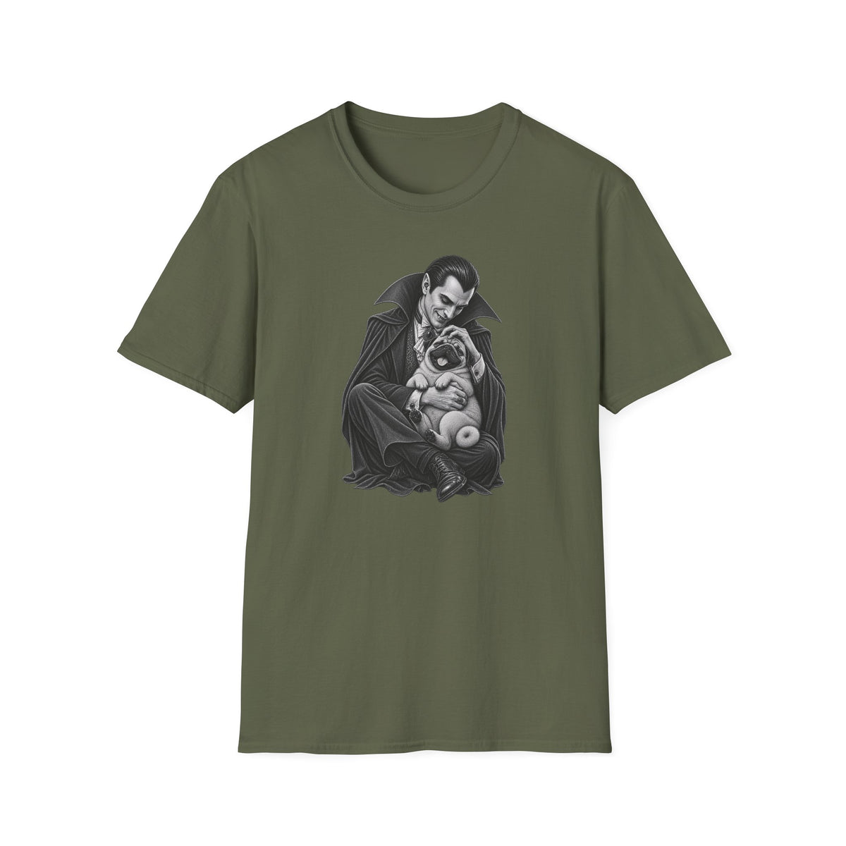 Vampire Holding Pug T‑Shirt — Gothic Cute Dog Tee