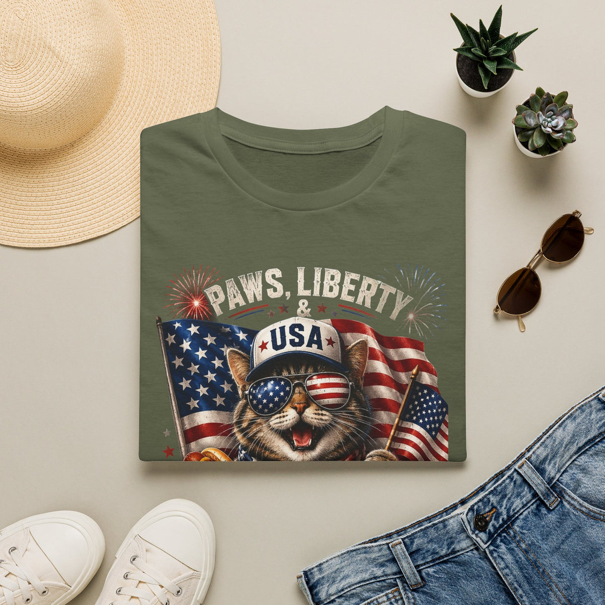 Paws, Liberty & USA Cat T-Shirt — Patriotic 4th of July Cat Graphic Tee