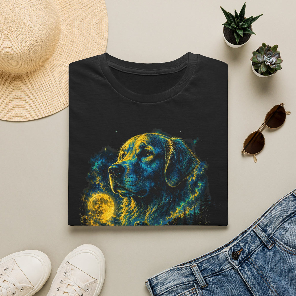 Golden Retriever Moon Graphic T‑Shirt — Vintage Dog Portrait Tee